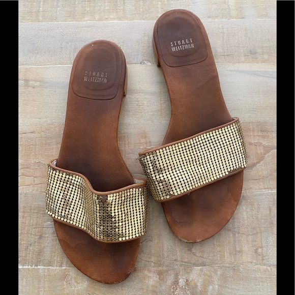 Stuart Weitzman gold sequins leather slides sandal shoes - Picture 2 of 11